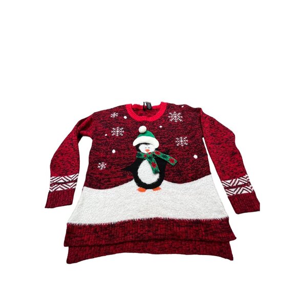 New Directions Womens Large Red Ugly Christmas Sweater Penguin Snowflake Winter - Picture 1 of 9